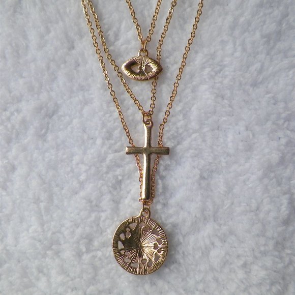 NWT Gold Spiritual Protection Multi-Layer Necklace Cross Crucifix Eye Forever 21 - Picture 4 of 6